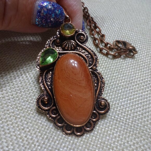Rustic JASPER, PERIDOT & CITRINE Handmade COPPER Pendant/Chain #924B - Picture 2 of 3